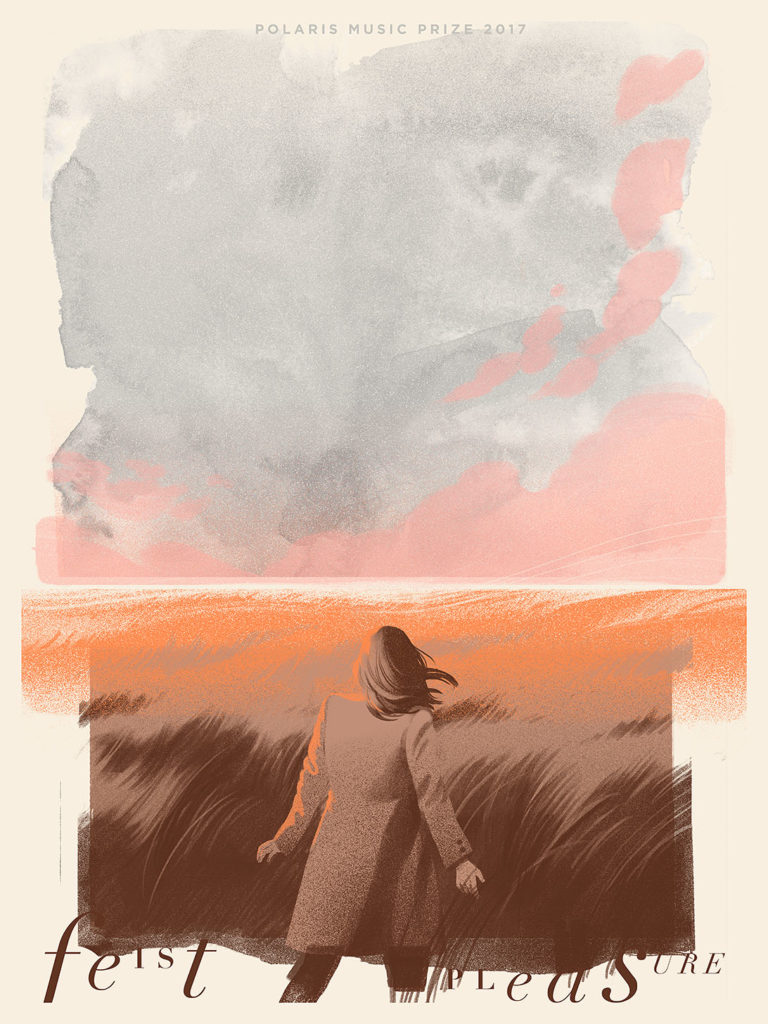 A concert poster for Feist depicts a woman walking through a wheat field toward a bright, colourful horizon line. Illustration by Cristian Fowlie for the Polaris Music Prize 2017.